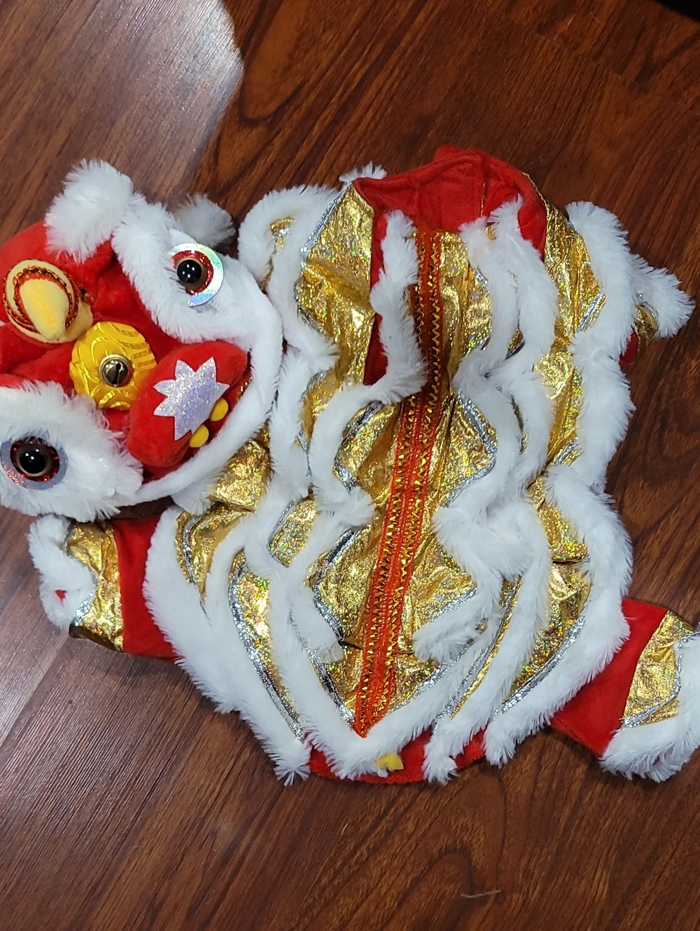 Festive White and Gold Chinese Lion Dance Headpiece Dog Costume